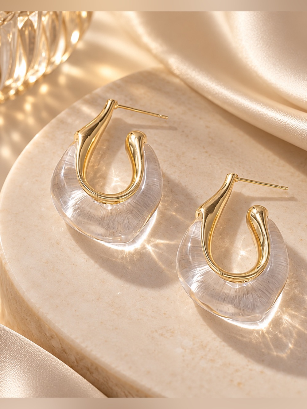 Gold Tone Clear Acrylic Hoop Earrings Modern Statement Drop Earrings